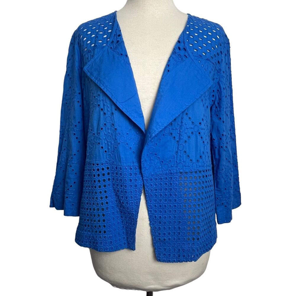 Chico’s Open Front Cotton Cardigan Eyelet Lace Blue Size 1